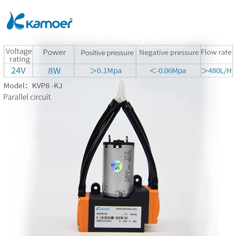Kamoer 5-8L/min KVP8 Micro Diaphragm Vacuum Pump12V 24V Brush Motor High Negative Pressure 0.082Mpa Suction Pump Air Pump