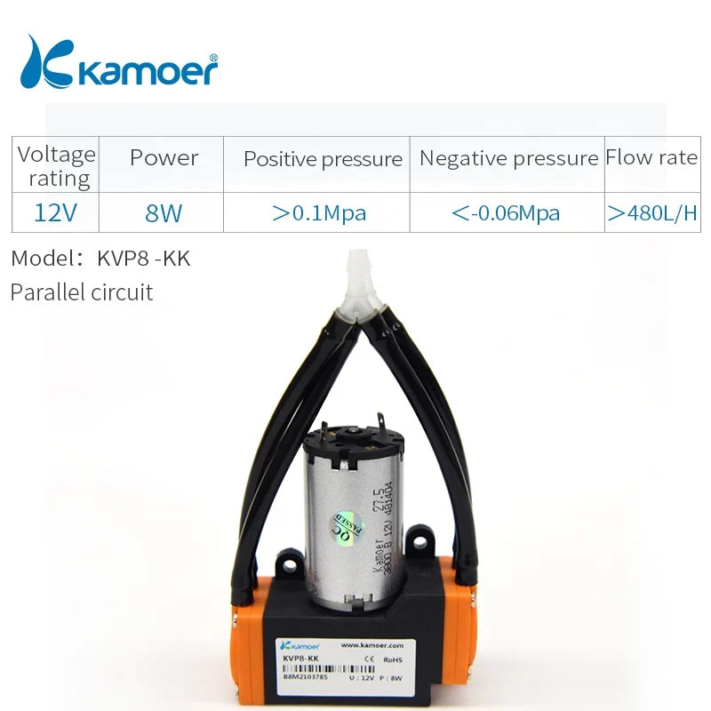 Kamoer 5-8L/min KVP8 Micro Diaphragm Vacuum Pump12V 24V Brush Motor High Negative Pressure 0.082Mpa Suction Pump Air Pump