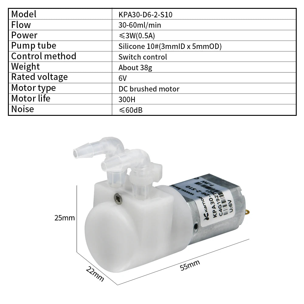 Kamoer 30ml/min Peristaltic Pump KPA30 6V DC Motor Low Flow Gear Pump with Silicone Tube 1mm Wall thickness Small Size