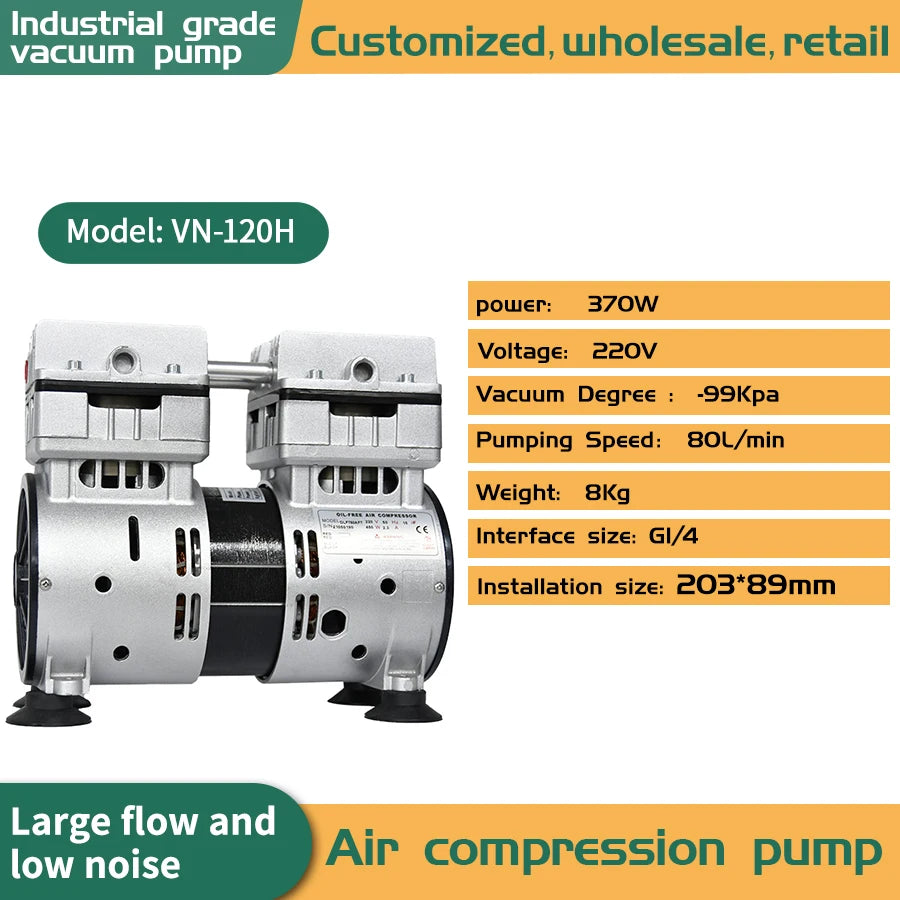 220V 80L/Min Silent Oil-Free Vacuum Pump Negative Pressure Twin Piston High flow Lab Vacuum Pump   VN-120H