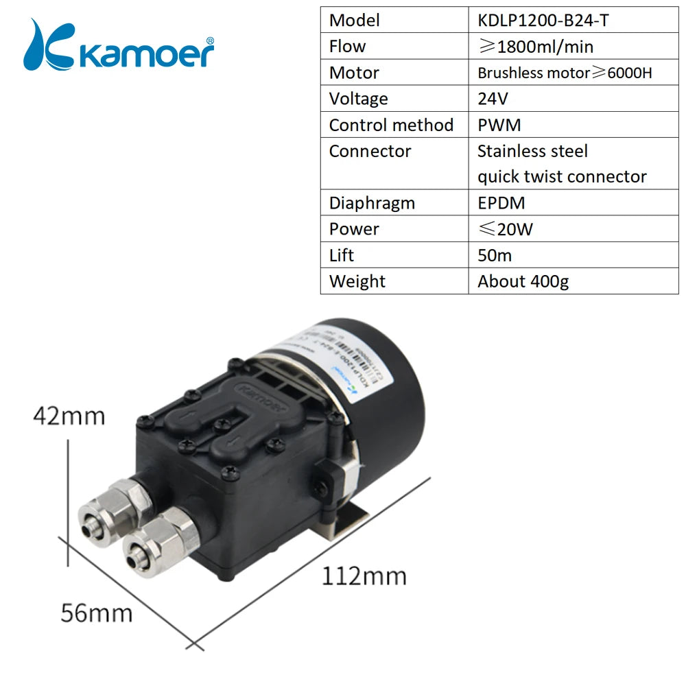 Kamoer 1.6L/min KDLP1200 Micro Diaphragm Liquid Pump 12V 24V Brushless Motor Self-priming Pump Liquid Pressure 0.3Mpa for Inkjet