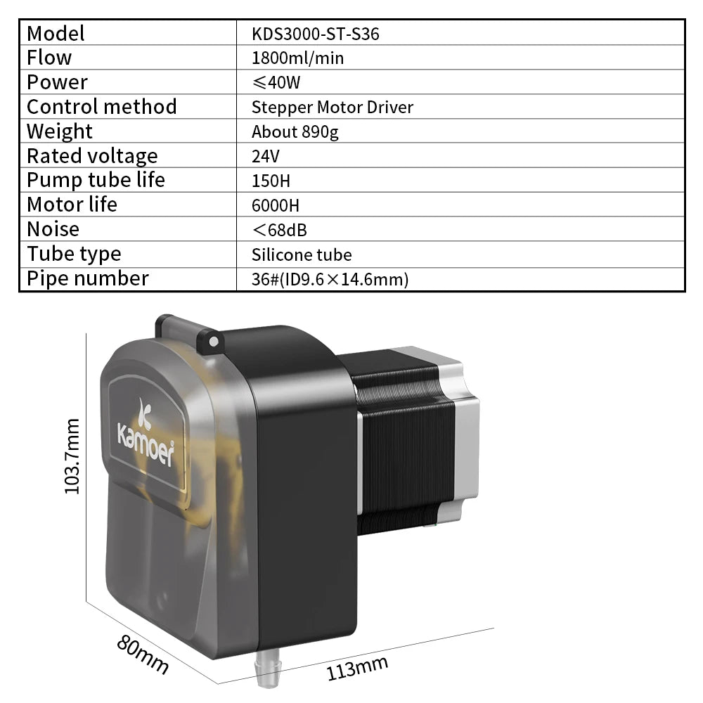 Kamoer 3.2L/min KDS3000 Peristaltic Pump 24V Stepper Self-priming Pump 300RPM High Flow Transfer Pump Silicone 2.5mm Thickness