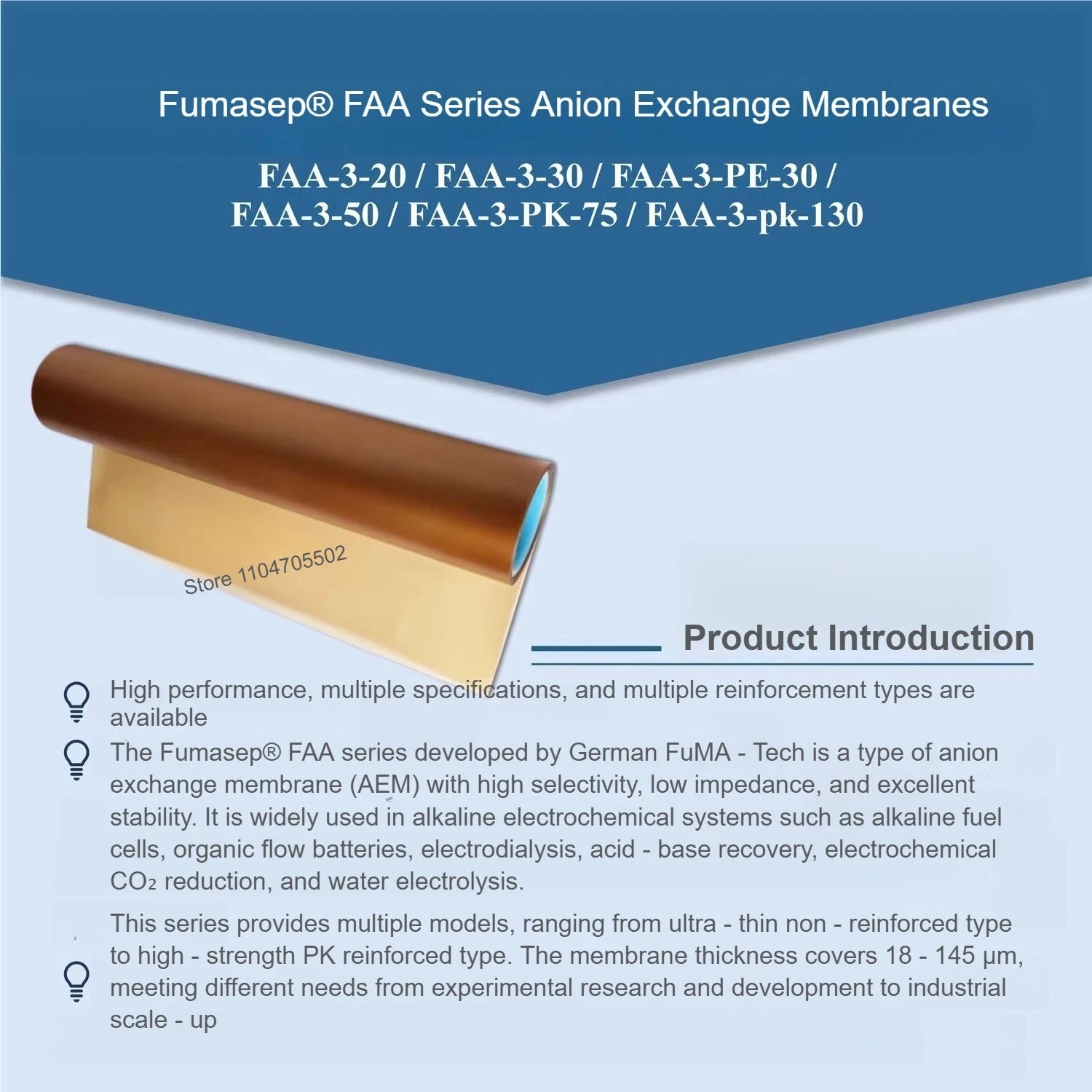 Fumasep FAA-3-20/30/50, FAA-3-PK-75/130  FuMA-Tech Anion Exchange Membrane ，alkaline fuel cell membrane