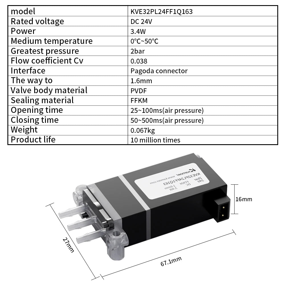 Kamoer 1/16" KVEB 12V Micro Solenoid Valve 24V Water Valve Air Valve Three-way Direct-acting Control Valve