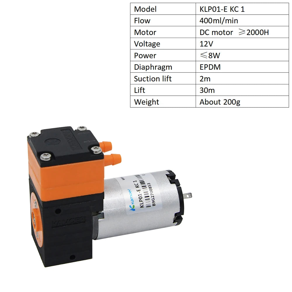Kamoer 400ml/min KLP01 Mini  High Flow Diaphragm Liquid Pump 12V 24V DC Motor Liquid Pressure 3 Bar 62dB for Lab and Waste Water