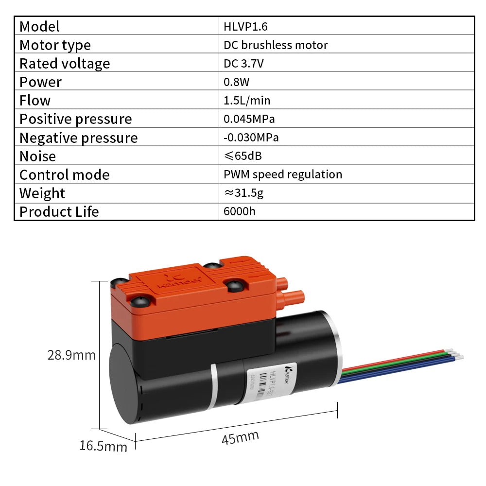 Kamoer 1.5L/min HLVP1.6 Diaphragm Vacuum Pump 3.7V DC Brushless Motor Air Pump, PWM Speed Control for Portable Gas Analysis